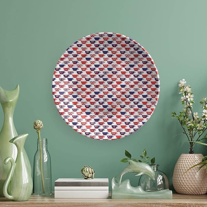 10 Inch Decorative Plate, London Ceramic Plate, Tea Party Flag Cups Print Ceramic Wall Hanging for Fine Dining, Upscale Events, Dinner Parties, Weddings, Catering, Christmas, Thankgiving Decor