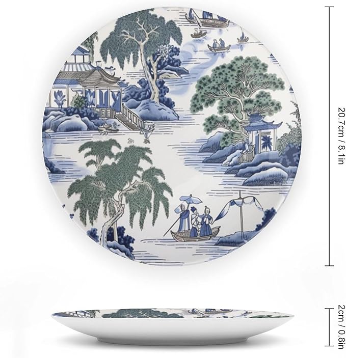Asian Scenic in Blue And Kelly Green Chinoiserie Vintage Plates for Display Housewarming Gifts Kitchen Supplies Office Farmhouse Holiday Party Decorations Personalized Gifts for Men Women Holiday