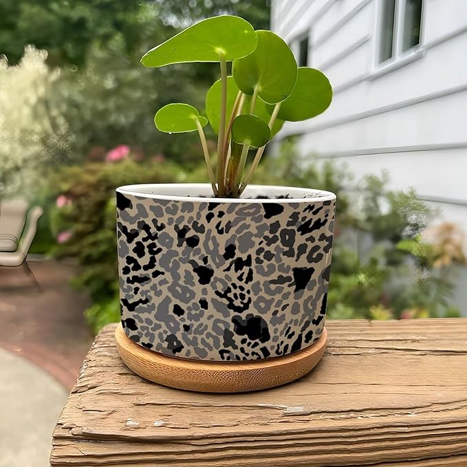 Leopard Black and Light Brown Dot Ceramic Planters African Tribal Animal Print Planters for Indoor Plants with Drainage Holes and Saucers Pot for Outdoor Garden Home Plant