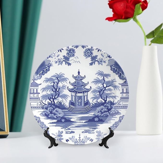 Chinoiserie Blue Asian Pagoda Ceramic Decorative Plate for Display Household Club Supplies Wedding Housewarming Gifts Holiday Party Decorations Personalized Gifts for Men Women Birthday