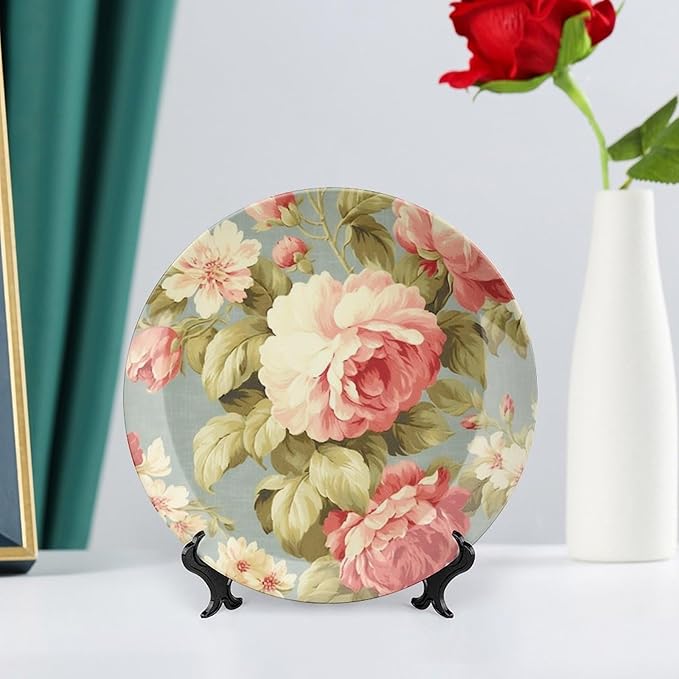 Pink Cabbage Roses Romantic Aqua Decorative Plate for Display Festival Display Supplies Table Club Holiday Party Decorations Custom Gifts for Men Women Birthday, 6", 7", 9", 10"