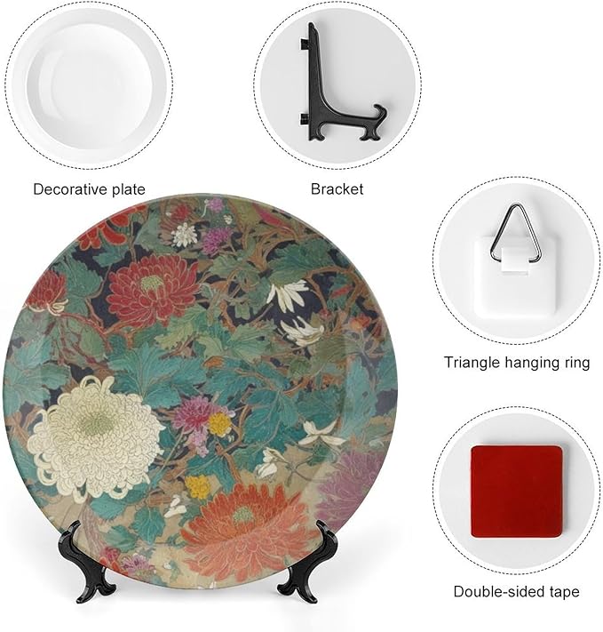 Oriental Floral Chinoiserie Plates Ceramic, Chinoiserie Peony Floral Customize Ceramic Hanging Decorative Plate for Farmhouse Club Decor, Unique Art with Stand Art Decorations for Kitchen Wedding
