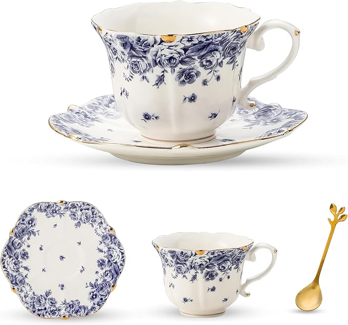 TATSUMI Country Roses Bone China Tea Cup and Saucer Set, 3 Pieces, Vintage Style, For Women and Tea Parties（sky blue，1 set）