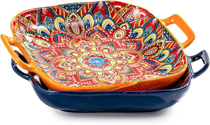 Besmeety Square Pasta Bowls with Handle, Boho Salad Serving Bowls Set of 2, Ceramic 7.09" Pasta Plates for Housewarming Present, Party (Orange+Blue)