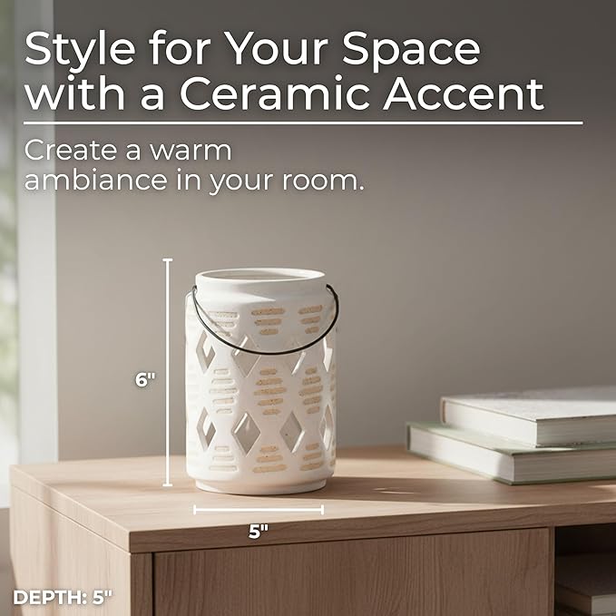 Ceramic Lantern Candle Holder with Diamond Cut Out Design - Casual Pillar Candlestick Holder for Indoor and Outdoor Decor - Stylish Centerpieces for Table or Entryway Accent - 6", Ivory & Tan