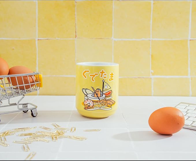 Silver Buffalo Sanrio Gudetama Sailing On Ramen Asian-Style Ceramic Tea Cup | Traditional Japanese-Inspired Mug Without Handle | Holds 9 Ounces