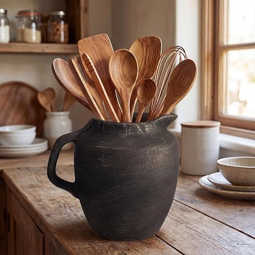 Rustic Kitchen Utensil Holder with Handle,7.48" H Ceramic Vintage Utensil Crock for Countertop, Farmhouse Kitchen Decoration Ceramic Pot for Spatulas Spoons Tongs(Novelty,Antique Black Gold)