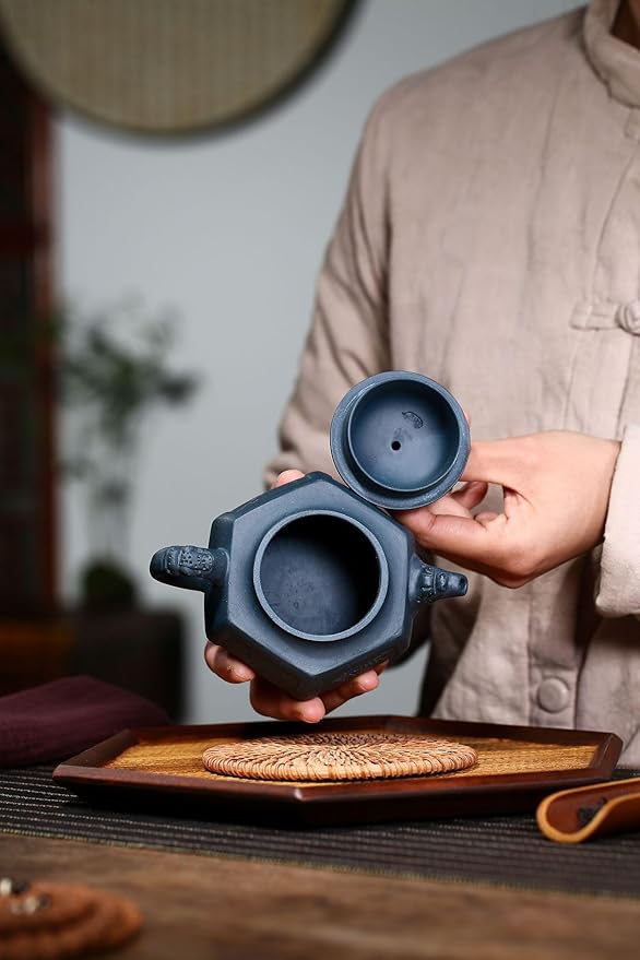 Yixing Clay Teapot 10oz Zisha Tea Pot Hexagonal Handmade Dragon and Lion Chinese Kungfu Tea Set (Tianqing clay)