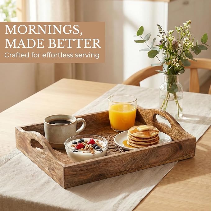 Ajuny Set of 3 Handmade Floral Design Wooden Tray with Handles (15.7x11, 13.7x9.9, 11.4x8 Inch) Inches Hand Carved Serving Platter for Snacks Coffee & Tea Decorative Tray for Home & Kitchen Gift