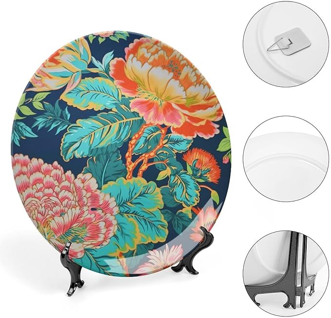 Chinoiserie Peony Floral Decorative Plate, Custom Asian Scenic Chic Chinoiserie Wall Decorative Plate, Club Housewarming Gifts Decorations Art Decoration, Including Bracket And Special Hook