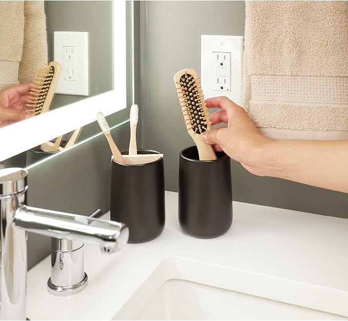 iDesign Ceramic Bathroom Tumbler for Countertop or Vanity Storage-Set of 2-Matte Black