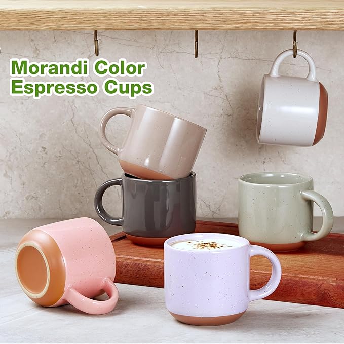Morandi Color Ceramic Mini Espresso Cups Set of 6, 5 oz Expresso Mugs with Handle, Porcelain Coffee Mugs Demitasse Cups, Modern Style Cups, Microwave Dishwasher Safe Suit for Espresso Machine | Mini, Coffee Mugs, Demitasse Cups, Modern Style Cups