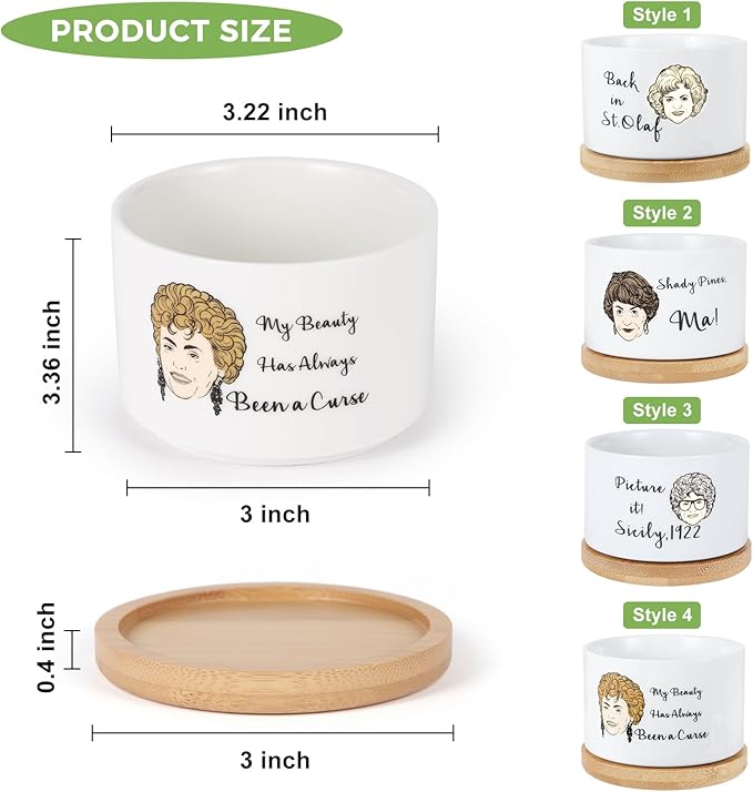4 Pcs Golden Girls Merchandise Ceramic Plant Pots,Funny Golden Girls Gifts for Women,for House Plants Garden Planters Succulent Pots, with Drainage Holes and Saucer (White)