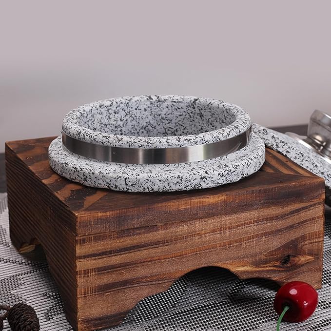 Korean Stone Bowl with Lid, Natural Stone Bowl with Wood Base Thicken Cookware Stone Bowl, Bibimbap Bowl for Korean Soup, Rice and Stew,14cm/5.5inch