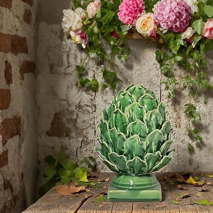 Green Ceramic Artichoke Statue - Unique Artisanal Decorative Sculpture, Decor for Living Room, Office, Bookshelf