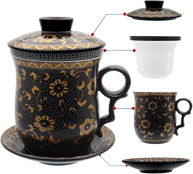 Porcelain Tea Cup with Infuser Lid and Saucer Sets - Chinese Jingdezhen Ceramics Coffee Mug Teacup Loose Leaf Tea Brewing System for Home Office