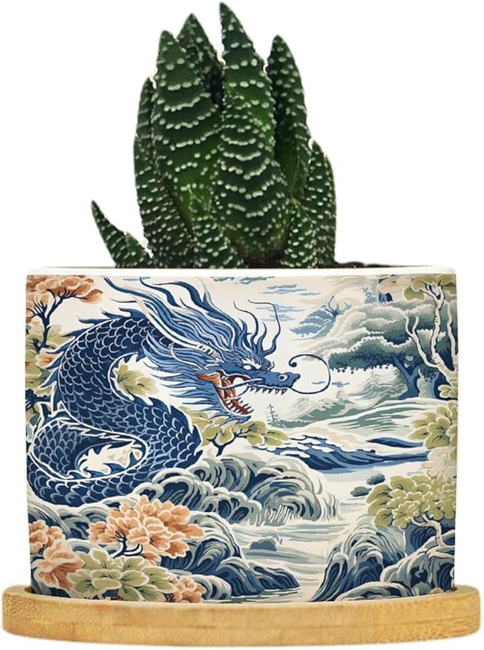 Trend Dragon and Print Ceramic Planters Chinoiserie Asian Inspired Flower Pots for Indoor Plants with Drainage Holes and Saucers Pot for Pots Outdoor Indoor Plants