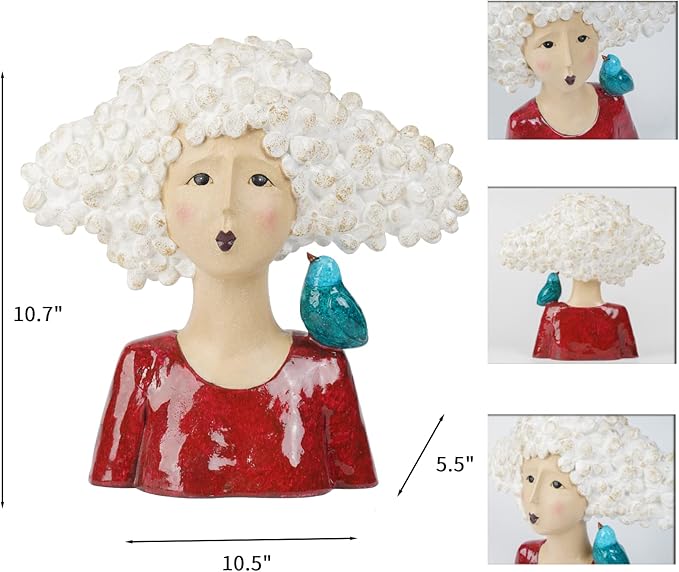 DiliComing Garden-Statues Bust-Head Sculptures for Home Decor - 11 Inch Women with Bird Modern Art Statue for Home and Garden, Various Festivals for Women 10.5 x5.5 x 11 Inch (Red)