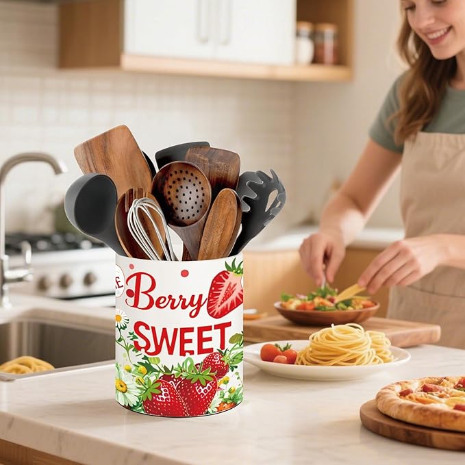 Strawberry Kitchen Decor, 6.5inch Ceramic Utensil Holder with Strawberry Design, Rustic-Style Indoor Kitchen Utensil Storage Rack, Ideal for Spoon Storage and Cooking Tools, Gift for Kitchen Organizer