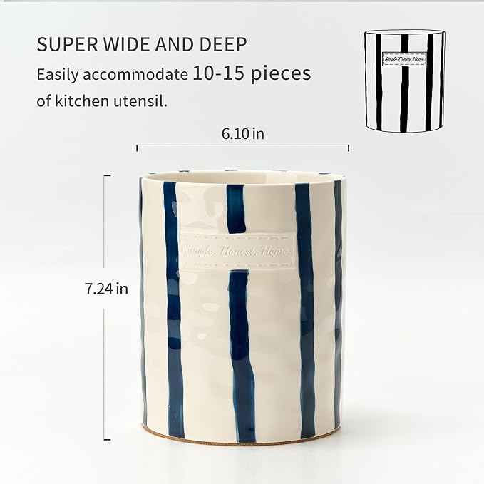 JIEMEI HOME Kitchen Utensil Holder, 7.2" Ceramic Stable Utensil Crock for Countertop, Modern Minimalism Style Cooking Tool Organizer with Cork Mat, Spatula Holder For Kitchen Decor, Blue stripes