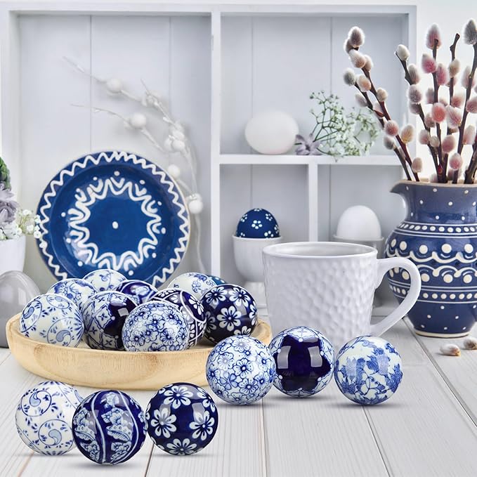 Vesici 9 Pcs Blue and White Porcelain Balls Decorative Chinoiserie Orbs for Centerpiece Bowls China Ceramic Balls Farmhouse Basket Tray Vases Decoration Gifts for Dining Table Holiday(Vintage Style)