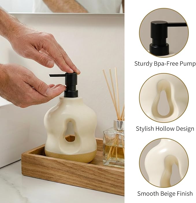 BosilunLife Bathroom Accessories Set of 4 - Beige Bathroom Countet Soap Set Bathroom Decor Bathroom Lotion Soap Dispenser Sets Toothbrush Holder, Soap Dish, Apothecary Jar (Beige with Sand Base)