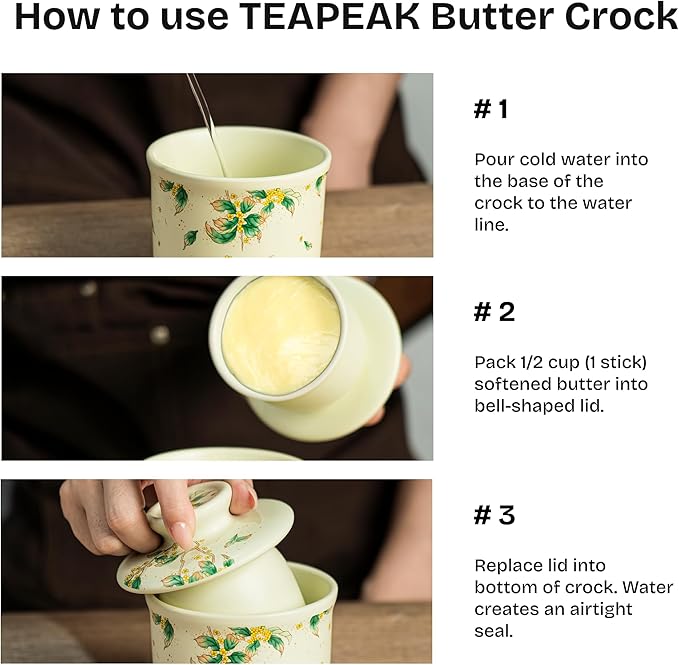 Stoneware Butter Crock with Lid, Ceramic Butter Dish with Water Line, Countertop Butter Keeper, Butter Holder for Countertop, Warm Ivory