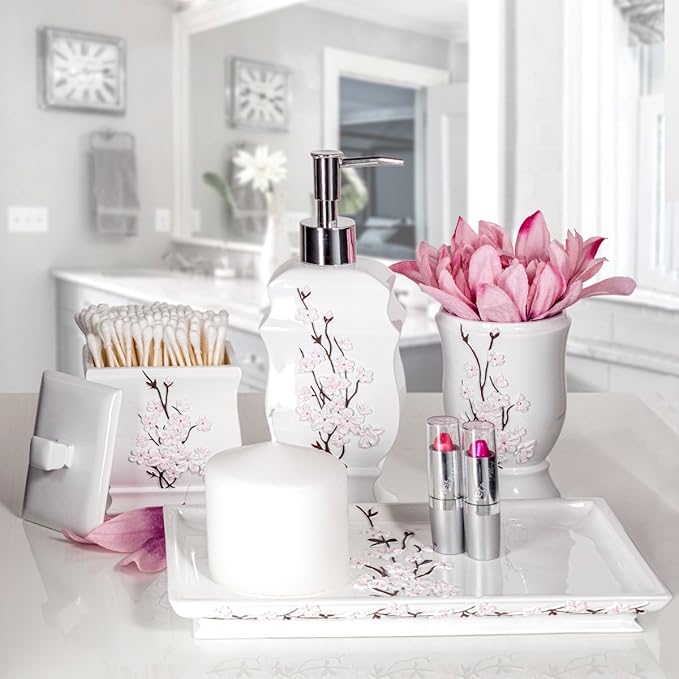 Creative Scents Vanda White Soap Dispenser Bathroom Countertop Hand Lotion Pump - Lotion Dispenser for Liquid Soap with Durable Pump, Modern Cherry Blossom Style