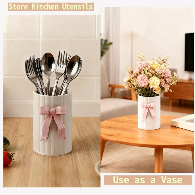 Handmade Pink Bow Ceramic Utensil Holder, 3D Coquette Cooking Utensil Crock for Kitchen Counter, Preppy Storage Caddy Organizer Vase Decor for Kitchen Countertop