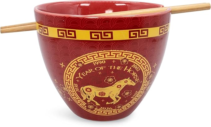 Boom Trendz Year Of The Horse Chinese Zodiac Ceramic Dinnerware Set | Includes 16-Ounce Ramen Noodle Bowl and Wooden Chopsticks Asian Food Dish For Home & Kitchen Kawaii Lunar New Gifts red One Size