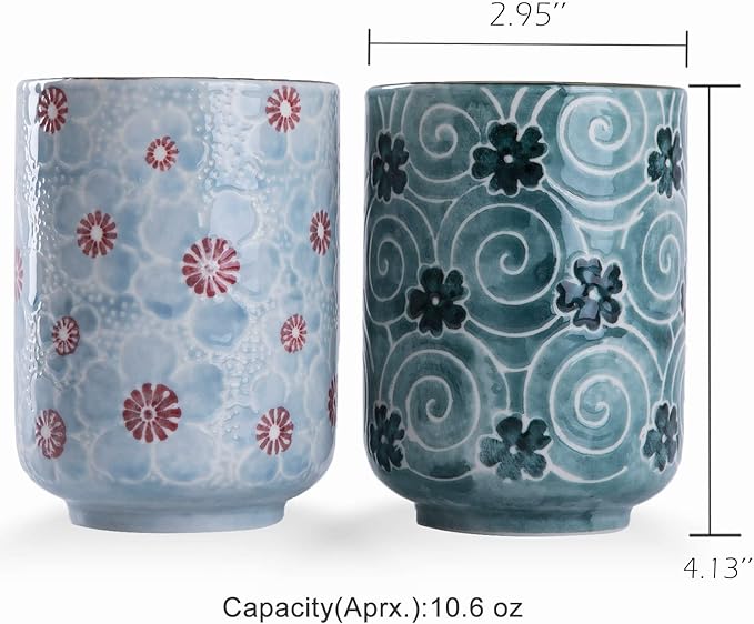 WHJY 10oz Transitional Chinese/Japanese style Handle-less Ceramic Tea cups teacup, Cherry Bloom and Geometric Pattern Set of 2