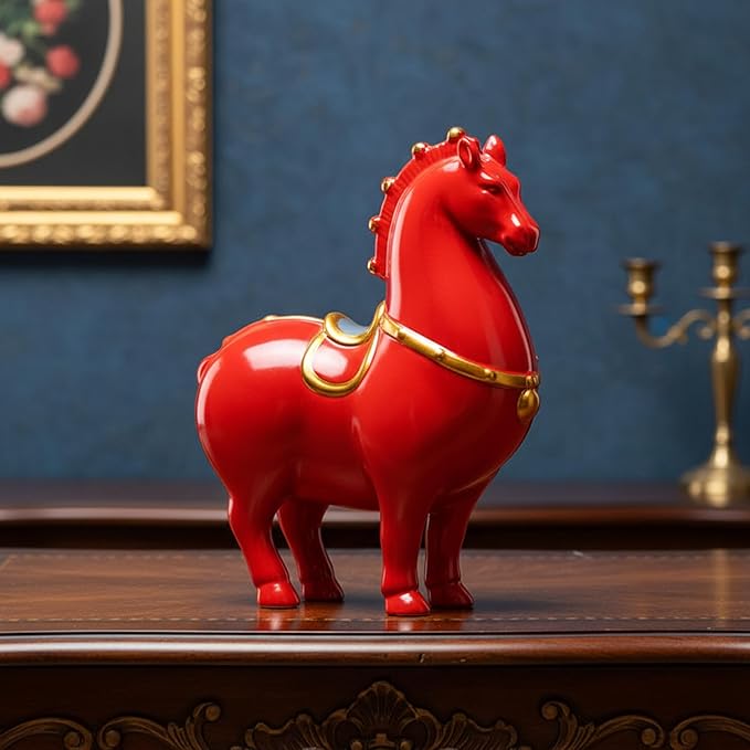Horse Figurine Red Ceramic Horse Statue with Gold Trim Decorative Tang Asian Inspired Home Decor for Living Room, Study & Office Collection