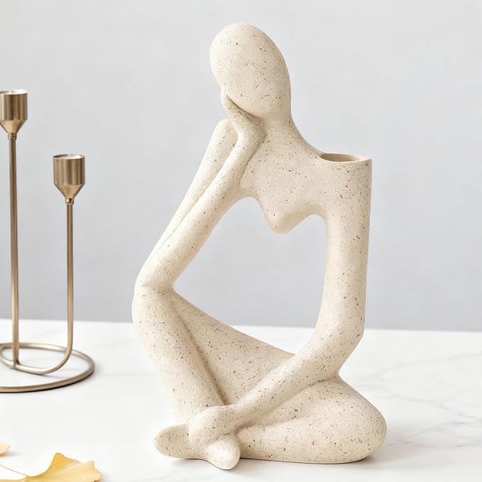 White Thinker Ceramic Flower Vase for Home Decor Modern Cute Boho Vases for Table Room Decor Unique Aesthetic Vase Ceramic Decorative Vases for Centerpieces Birthday Gifts for Women Men