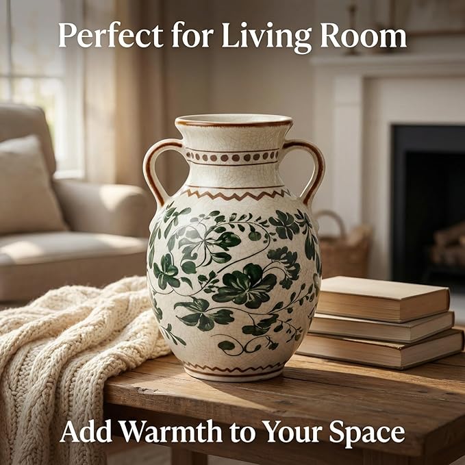 EFISPSS Ceramic Vintage Vase Decorative Spring Decor Chinese Crackle Floral Handle for Dining Room Living Room Green 8.4 in