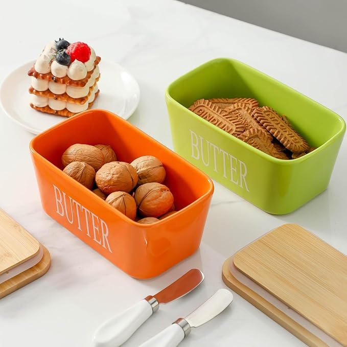 Hasense Porcelain Butter Dish with Bamboo Lid - Covered Butter Dish with Butter Knife for Countertop, Airtight Butter Container with Cover Perfect for East West Coast Butter, Orange