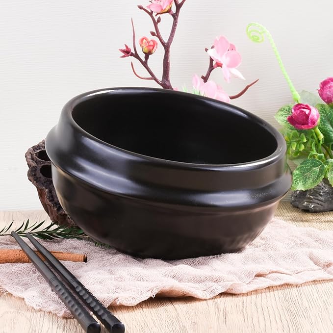 Ceramic Stone Bowl, 6.57 Inch Black Porcelain Dolsot Bowl, Korean Style Bibimbap Bowl for Rice, Soup & Stew, Microwave and Dishwasher Friendly, Heat-Resistant Serving Bowl