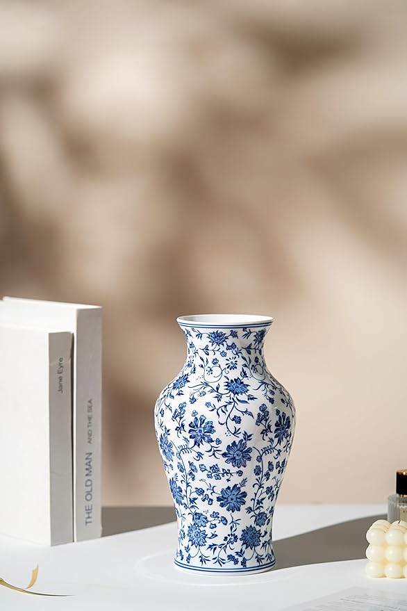 Blue and White Porcelain Décor, Blue and White Vase, Blue Vase, Chinoiserie Vase, Blue and White Ginger Jar Vase for Home Decor,Flower Vase,11" H