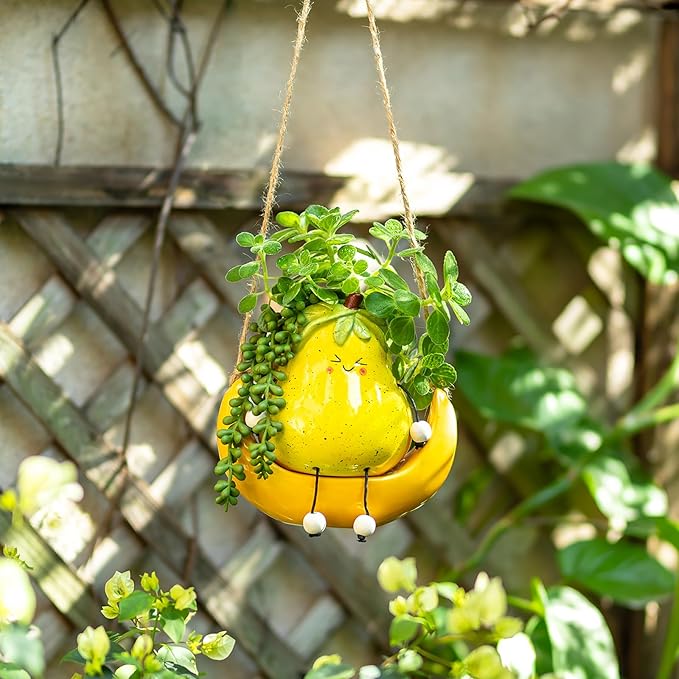Cute Hanging Planter Pot - Swing Smiley Planter for Indoor Outdoor Plants - Ceramic Succulent Plant Pot with Face