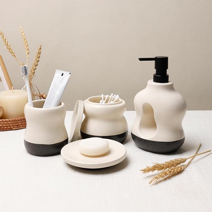 BosilunLife Bathroom Accessories Set of 4 - Beige Bathroom Countet Soap Set Bathroom Decor Bathroom Lotion Soap Dispenser Sets Toothbrush Holder and Soap Dispenser, Soap Dish, Apothecary Jar