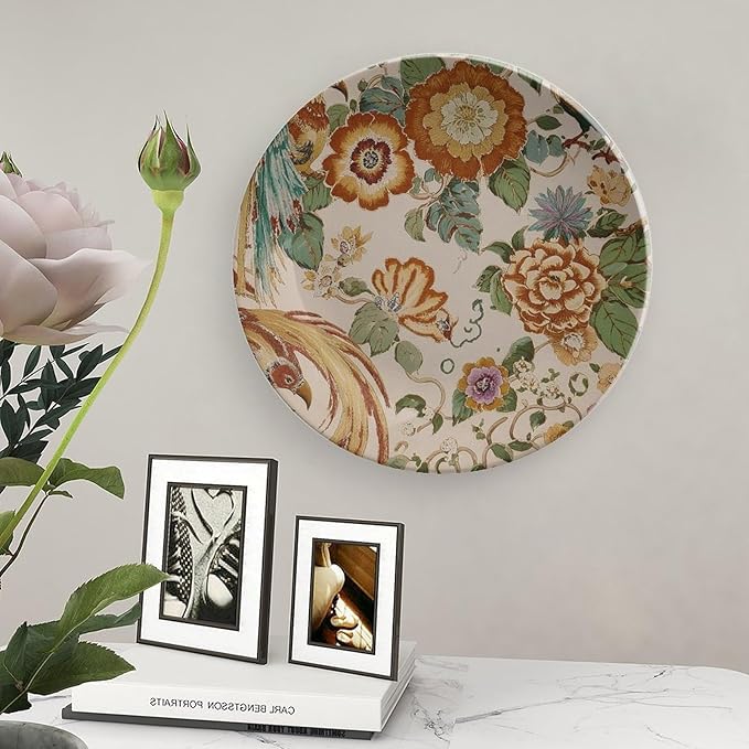 Peony Garden Orange & Green Thibaut Floral Vintage Plates Decor for Club Table Household Personalized Birthday Idea Gifts Ceramic Dinner Plate with 1 Display Stand, Multi Sizes by Choosing