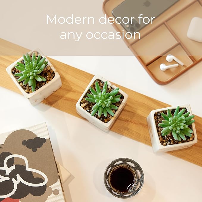 Nordik Square Marble Pots with Gold Vein Accents - Set of 3 - Modern Office and Home Decor - Lifelike Faux Plants - Artificial Desk Plants for Office and Bathroom - Mini Indoor Cactus