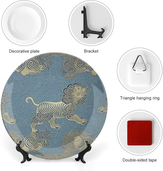 Blue Tibet Tiger Fashion Plates, Chinoiserie Tiger in Blue Customize Ceramic Ornaments Dessert Plates for Kitchen Display Wedding Decor, with 1 Display Stand Art Decorations for Wall Household