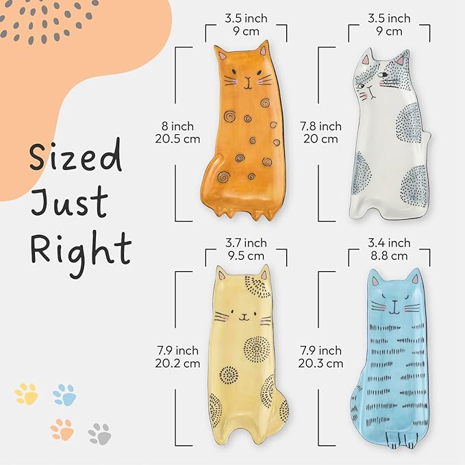 Bico Cartoon Cat Appetizer Plates Set of 4, Small Stoneware Ceramic Plates for Appetizer, Snacks, Sauce, Assorted Color, Microwave and Dishwasher Safe