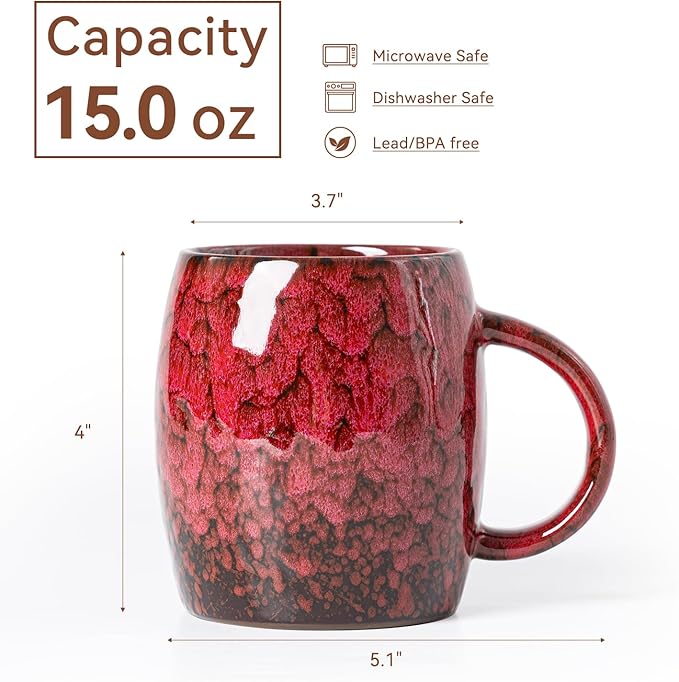 Rustic Red Ceramic Coffee Mug 15oz - Handcrafted Artisan Mug with Comfortable Handle, Unique Design for Coffee Lovers, Dishwasher Safe