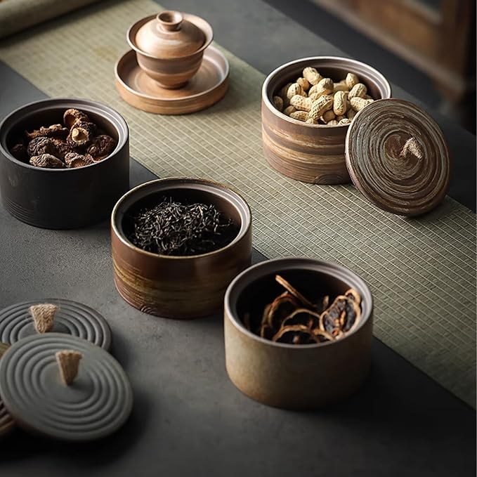Retro ceramic storage jar - multifunctional jar for tea, coffee, and sugar - decorated kitchen container with lid (A)