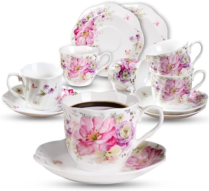 GuangYang 12 Pieces (Tiny Style) Espresso Cups and Saucers，2.5 ounce/80ml，Set of 6,Mini Premium Porcelain Coffee Cup Set, Fancy Flower Pattern Design