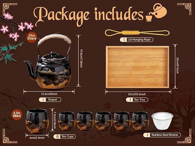 Traditional Japanese tea set, Japanese teapot set, Asian Black glazed tea set with 1 Teapot, 6 Tea cups, 1 Tea strainer, 1 Tea tray (Landscape Black)