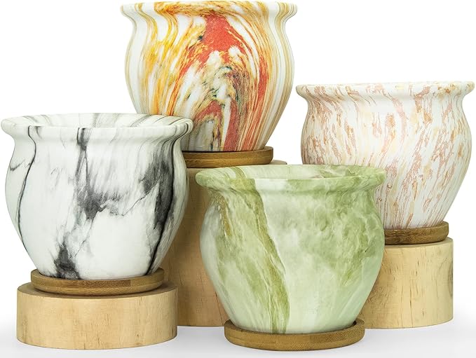 ARTKETTY Succulent Pots - 4.5 Inch Small Succulent Plant Pots with Saucers Marbling Cactus Flower Planter Ceramic Pots for Indoor Plants Set of 4