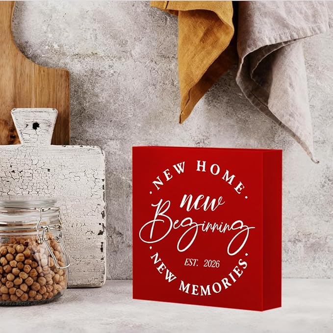 MUBIAO Rustic 2026 New Home Housewarming Gifts Ideasfor Women Men Friend Home Desk Shelf Decor - 5.1 x 5.1 Inches New Memories Decor Accessories - Red