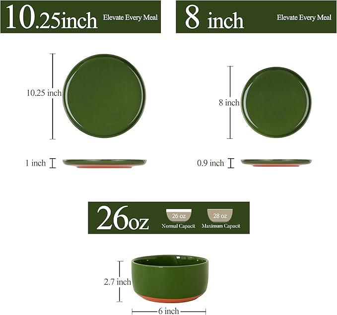 12 Piece Dinnerware Set, Dual Glaze Stoneware Plates and Bowls Sets, Modern Dinner Plate, Salad Plate, Cereal Bowl, Dish Set for 4, Microwave and Dishwasher Safe, Forest Glaze Green
